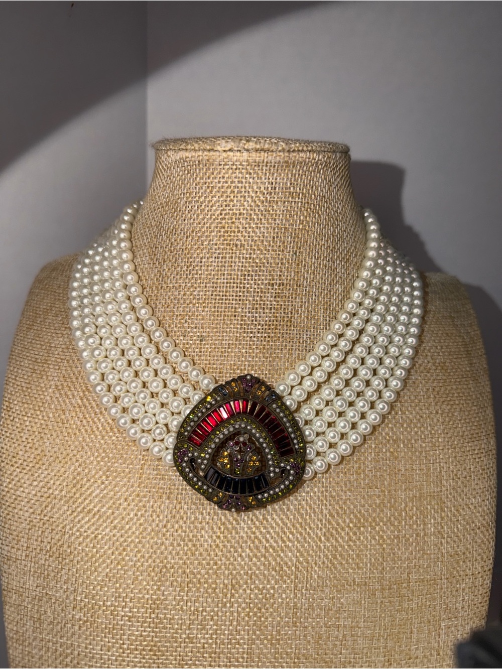 Heidi Daus Multi-Strand Faux Pearl and Crystal Statement Choker Necklace.